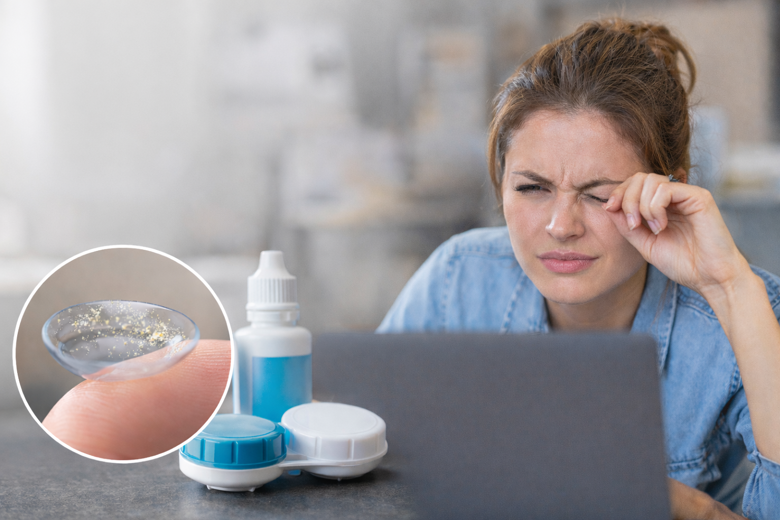 Contact lens wearer experiencing blurry vision and eye strain while using a laptop